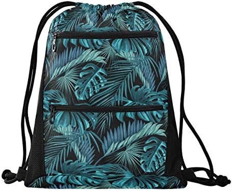 İpli sırt çantası Tropikal Palmiye Yaprağı Yaz Bitki Spor Salonu Sackpack Dize Çanta Örgü ve Fermuarlı Cepler Erkekler Kadınlar