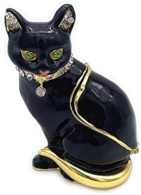 Siyah kedi kristal taşlı mücevher kutusu menteşeli.High-End El Boyalı Kedi Dekor Biblo Kutusu .Özel Hayvan Tasarımları.Yüzük