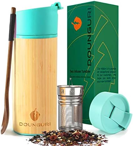 DOUNGURI Bambu çay bardağı Kupa Süzgeç Demlik-12 oz/Vakum Yalıtımlı Paslanmaz Çelik Termos ile Filtre için Gevşek Yaprak / Kahve