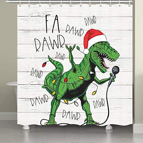 JAWO Noel Duş Perdesi, komik Noel Dinozor Santa Şapka Şarkı Merry Christmas Çocuklar Çocuklar için Ekstra Uzun banyo Perdesi,