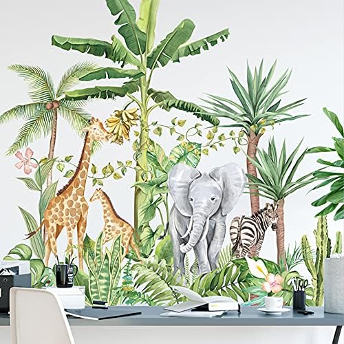 VingaHouse DIY Çıkarılabilir Zürafa ve Fil Duvar Sticker, Muz Ağacı ve Hindistan Cevizi Ağacı Duvar Ev Dekor duvar Çıkartmaları,