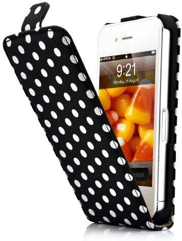 HM Siyah ve Beyaz Polka Dot Desen Mıknatıs Flip Sert Deri Kılıf Apple iPhone 4 S / 4 (AT & T, Verizon, Sprint)