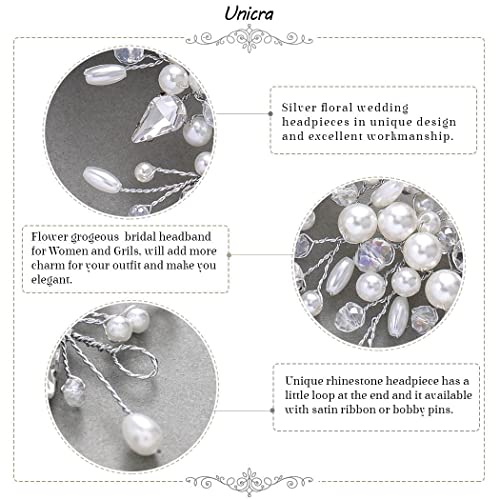 Unicra Gümüş Gelin Düğün Saç Vine İnci Gelin Saç Parçası Rhinestone Saç Aksesuarları Kristal Headpieces Takı Kadınlar ve Kızlar