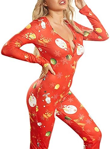 Kadınlar seksi derin V boyun Noel tulum pijama uzun kollu tek parça Bodycon tulum genel pijama